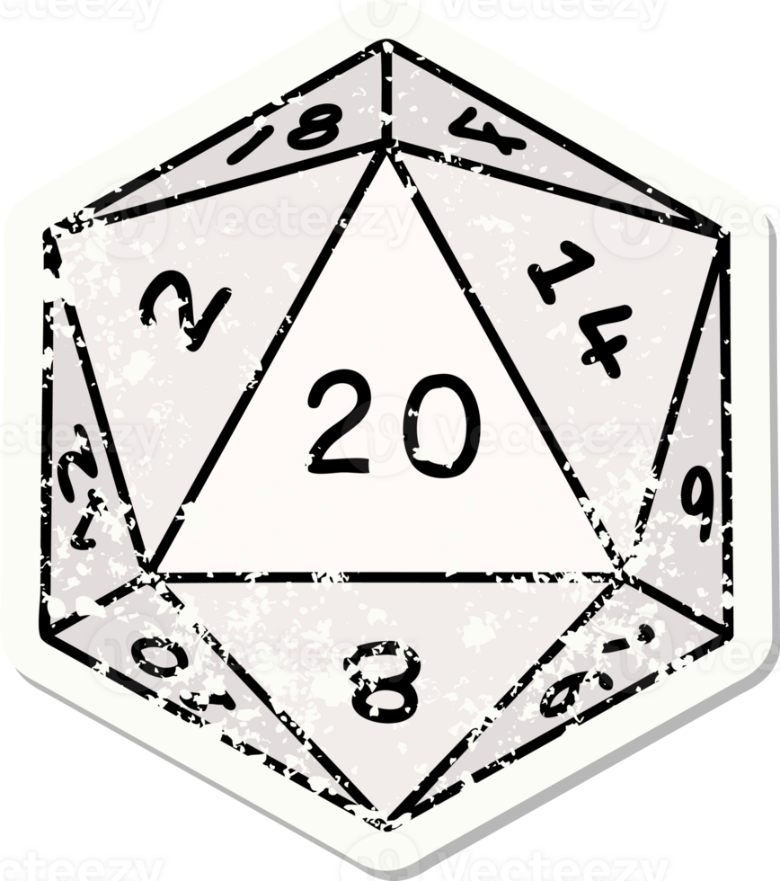 grunge sticker of a natural 20 D20 dice roll png