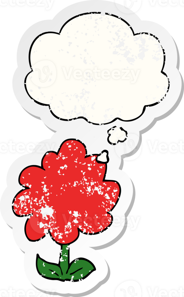 cartoon flower with thought bubble as a distressed worn sticker png