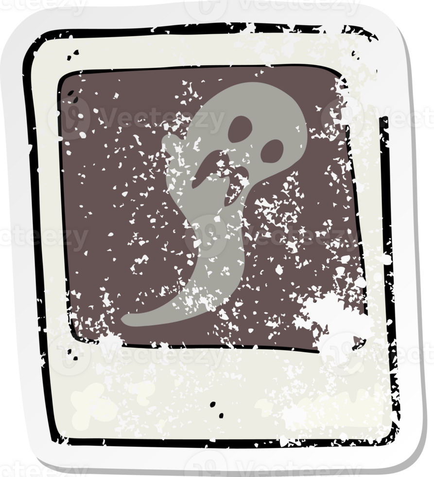 retro distressed sticker of a cartoon ghost in the photograph png