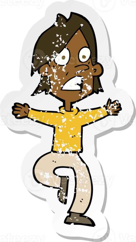 retro distressed sticker of a cartoon panicking man png