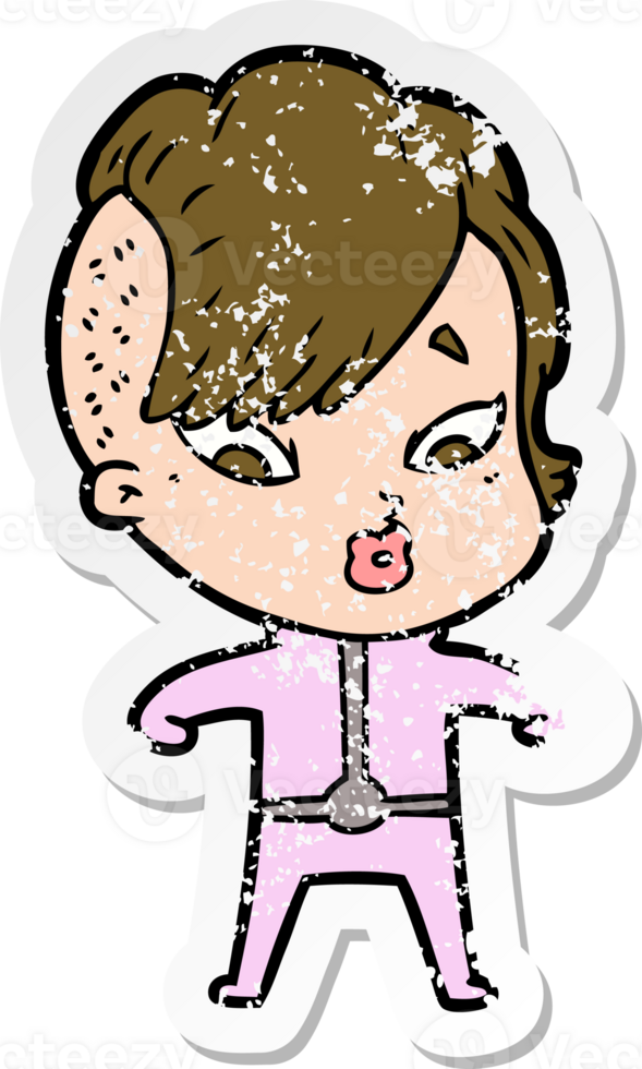 distressed sticker of a cartoon surprised girl in science fiction clothes png