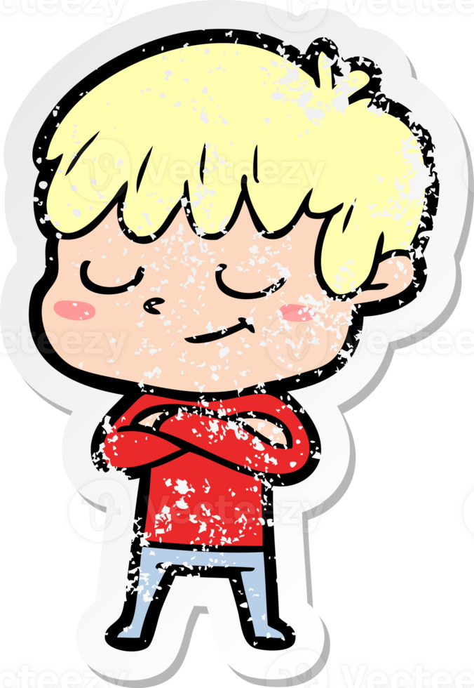 distressed sticker of a cartoon happy boy png