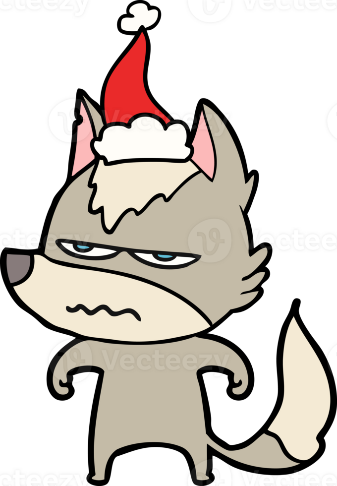 hand drawn line drawing of a annoyed wolf wearing santa hat png