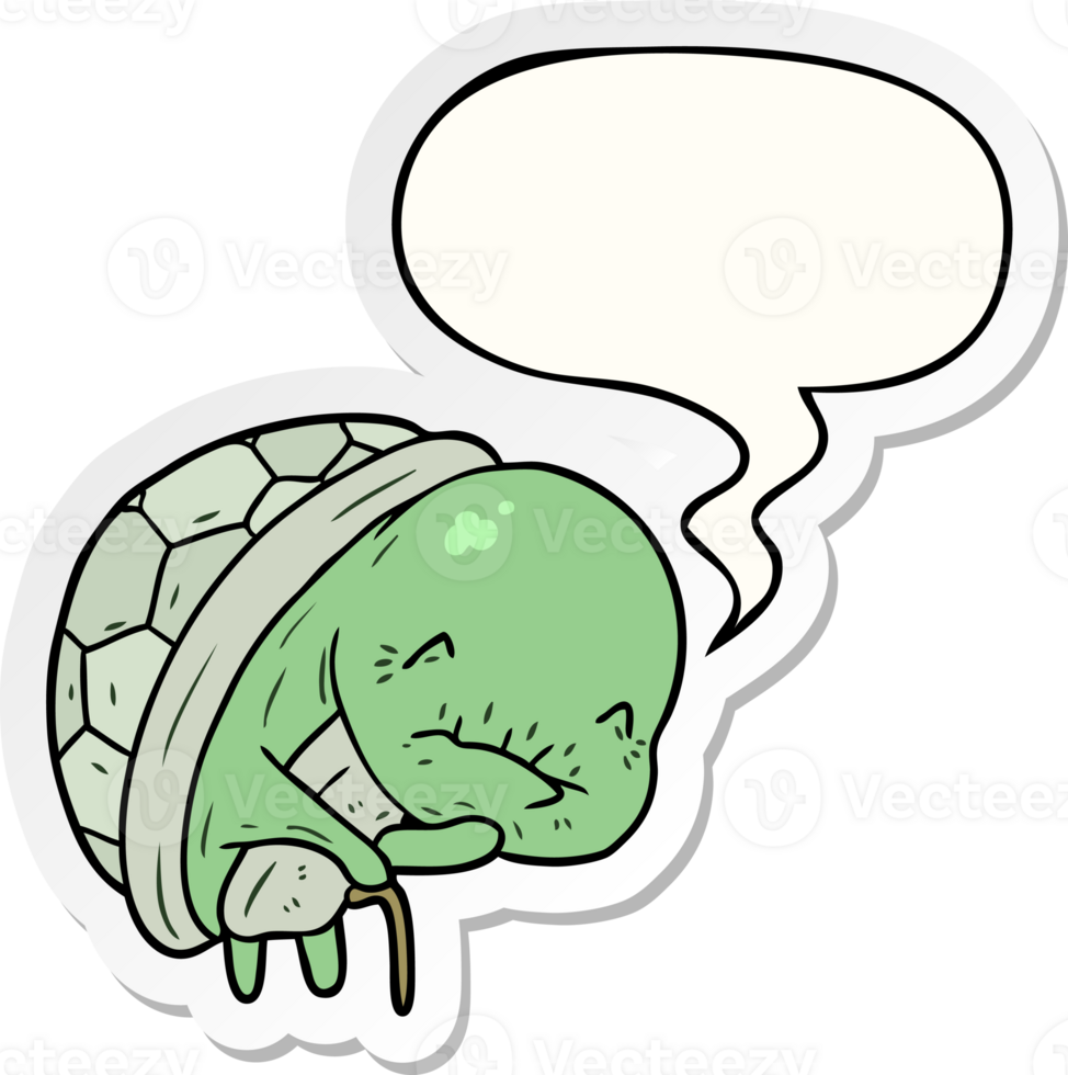 cute cartoon old turtle with walking stick with speech bubble sticker png