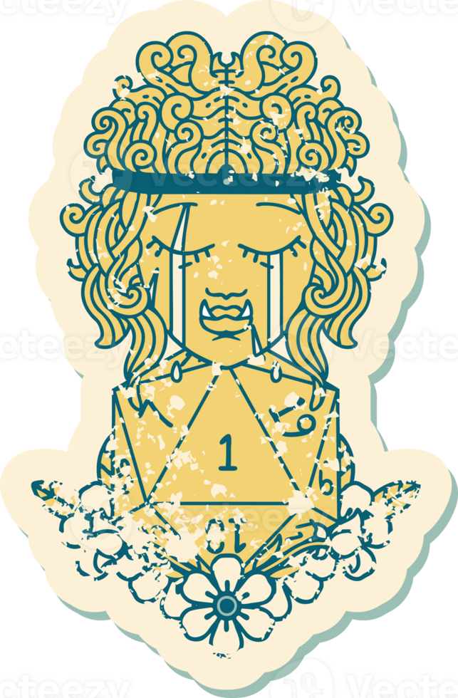 Retro Tattoo Style sad orc barbarian character face with natural one d20 roll png