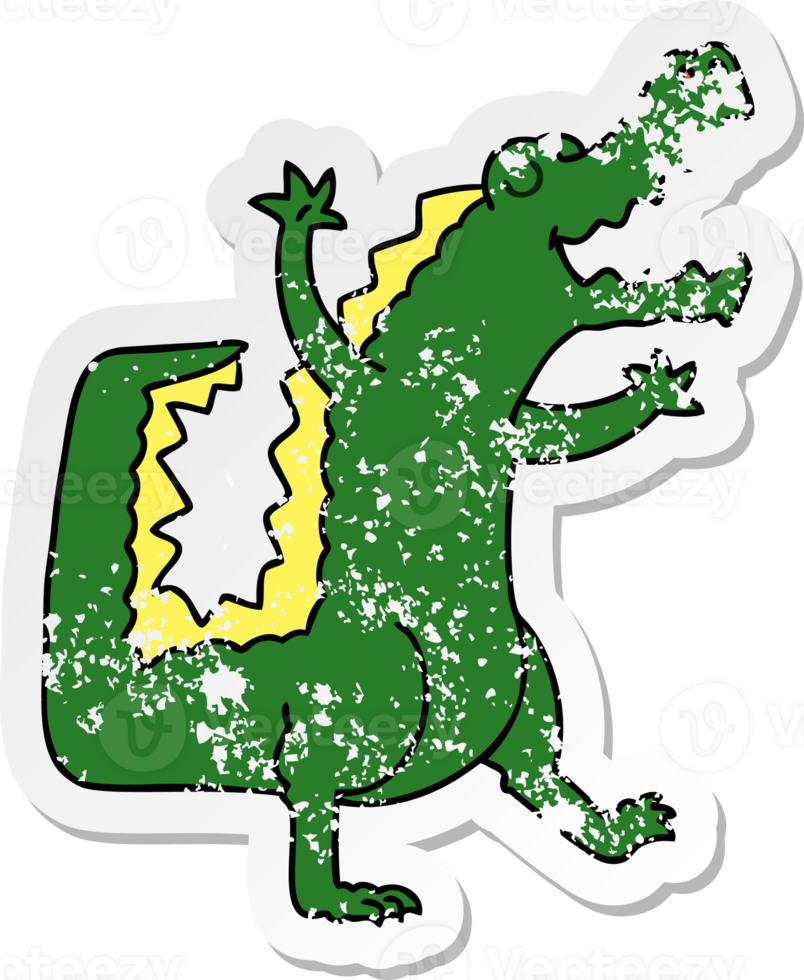 distressed sticker of a quirky hand drawn cartoon crocodile png