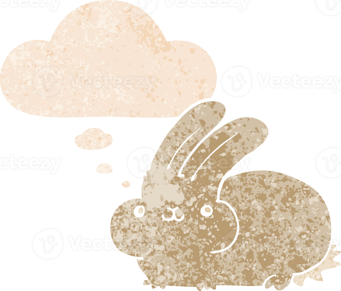 cartoon rabbit with thought bubble in grunge distressed retro textured style png