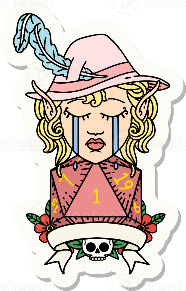 sticker of a crying elf bard character with natural one D20 roll png