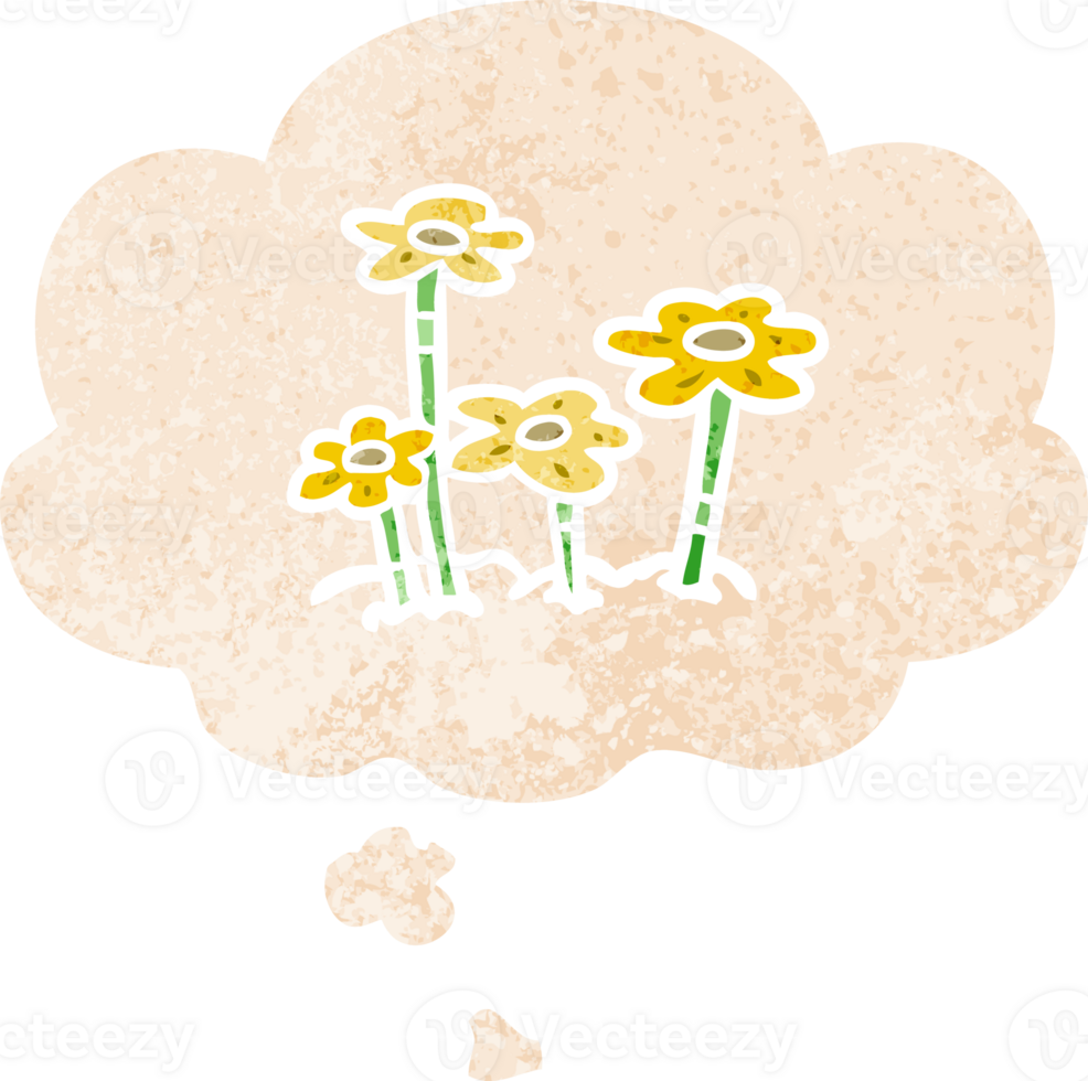 cartoon flowers with thought bubble in grunge distressed retro textured style png