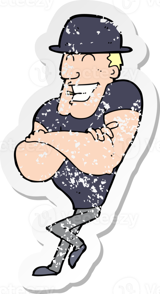 retro distressed sticker of a cartoon man wearing bowler hat png