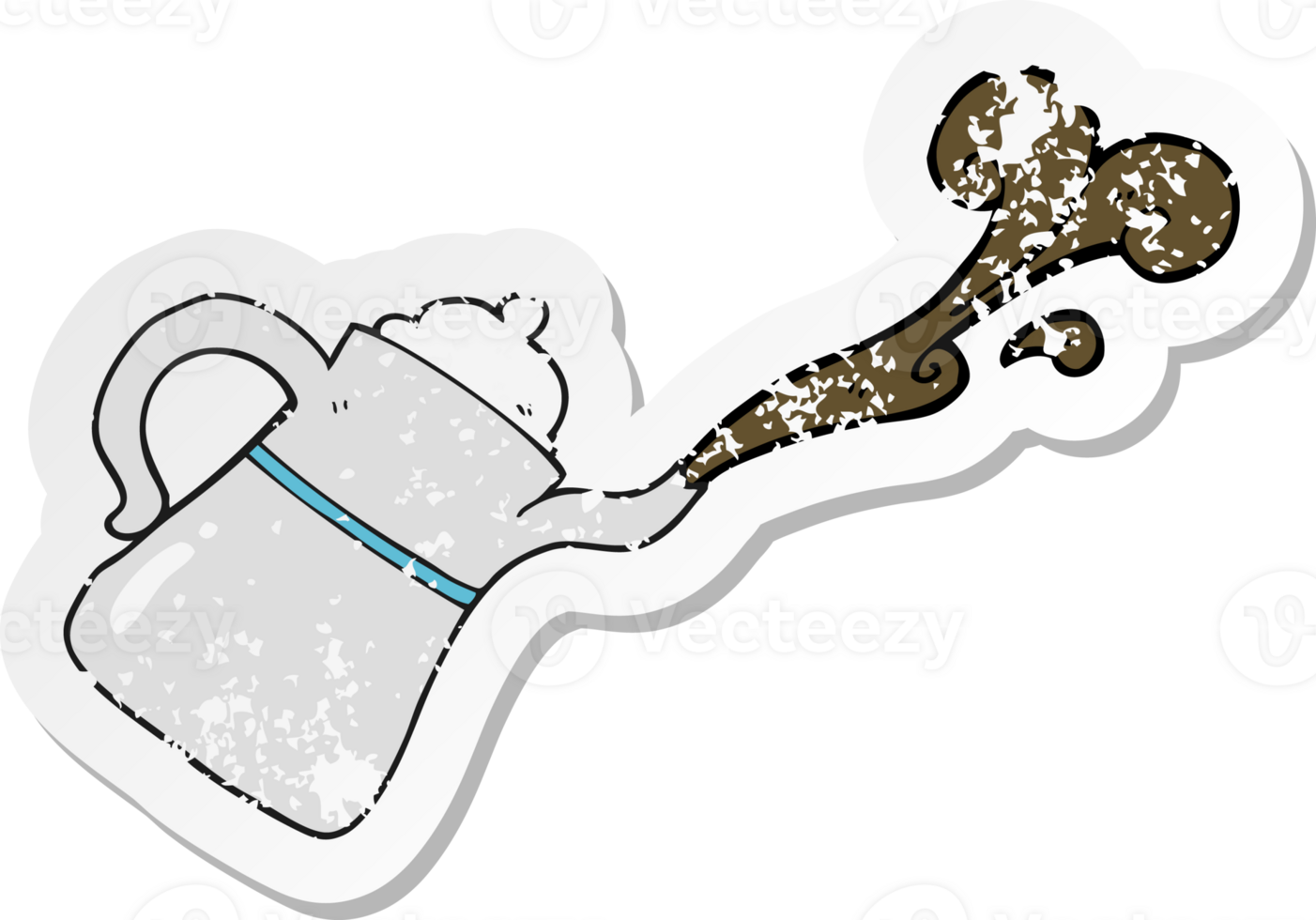 retro distressed sticker of a cartoon coffee pot pouring png