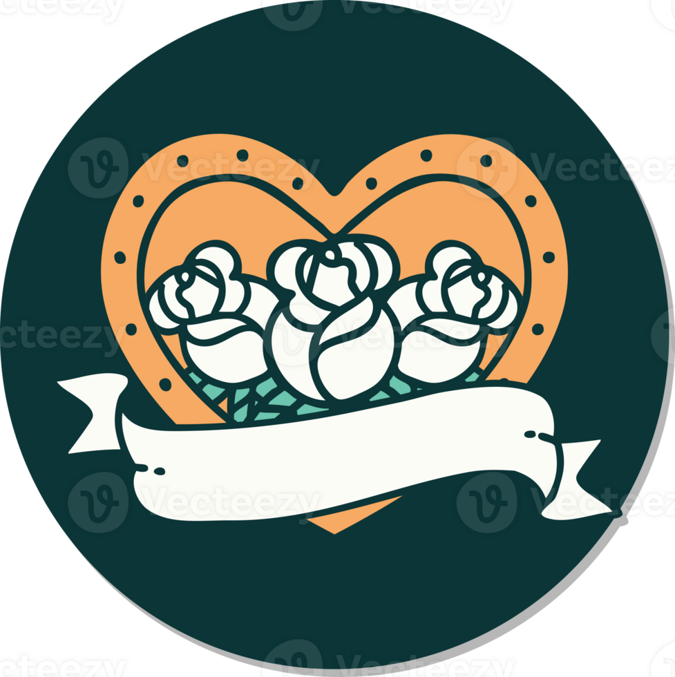 sticker of tattoo in traditional style of a heart and banner with flowers png