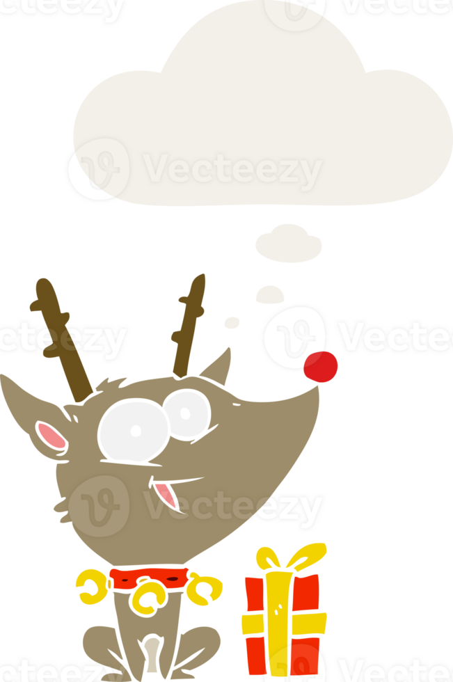 cartoon christmas reindeer with thought bubble in retro style png