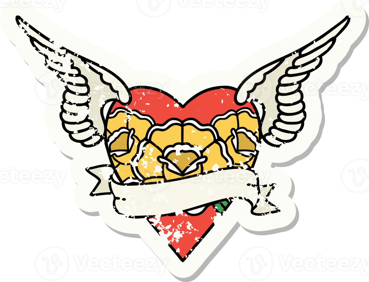 distressed sticker tattoo in traditional style of heart with wings flowers and banner png