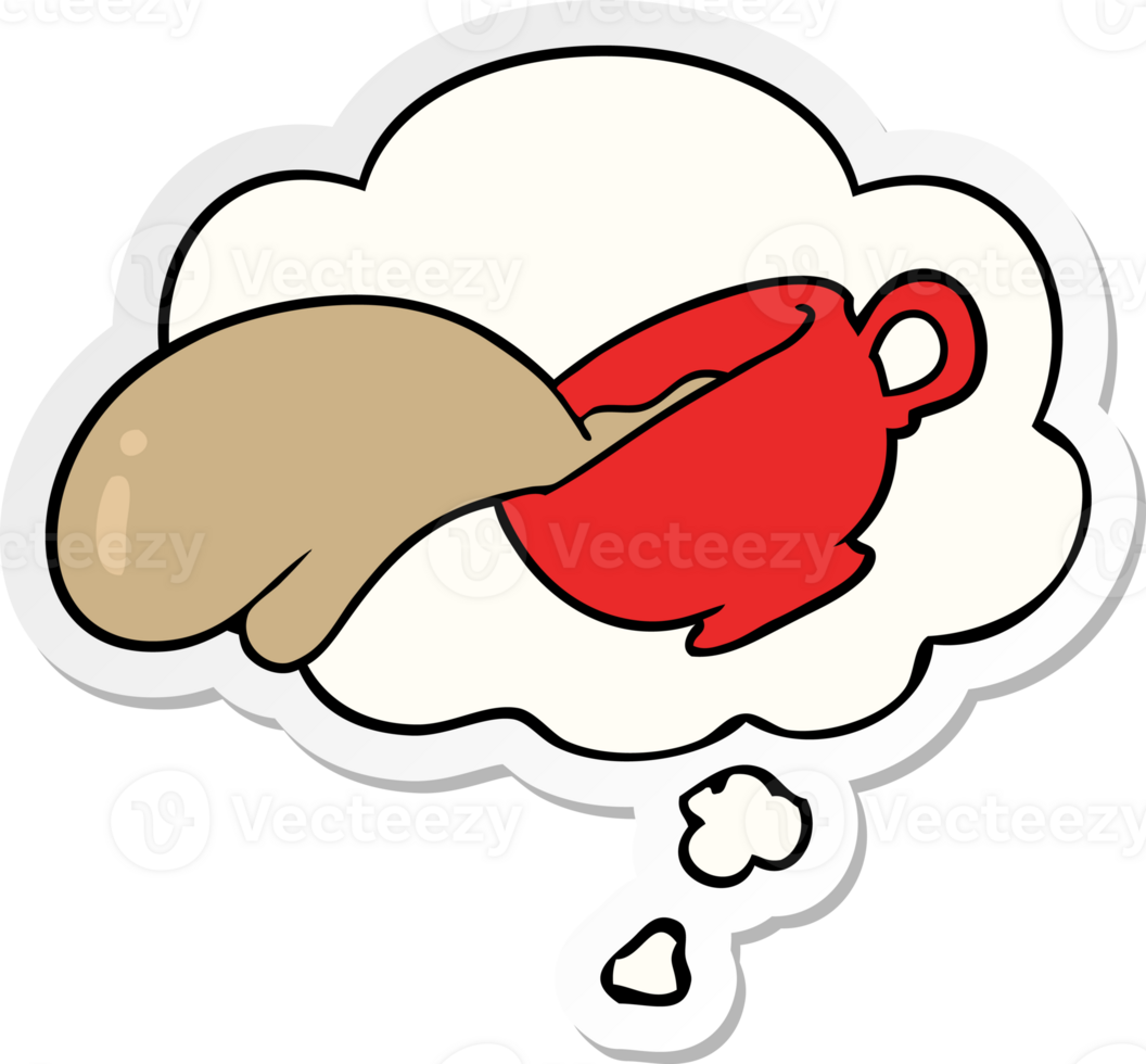 cartoon coffee cup with thought bubble as a printed sticker png