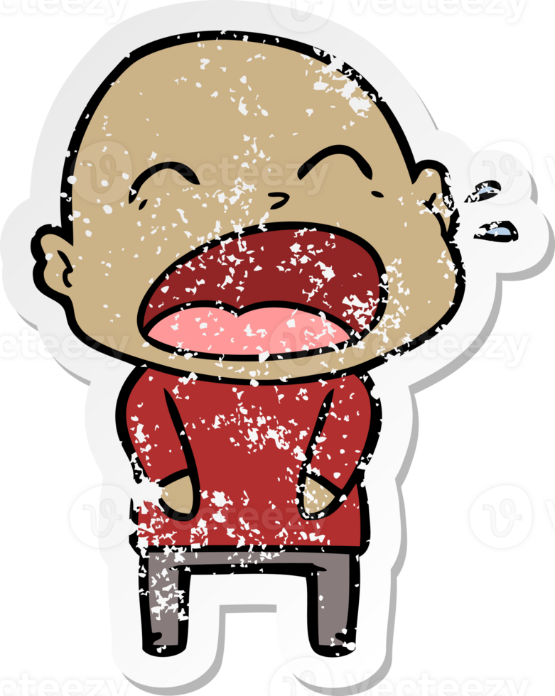 distressed sticker of a cartoon shouting bald man png