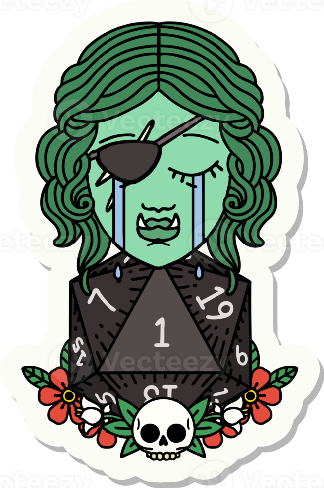 sticker of a crying half orc rogue character with natural one D20 roll png