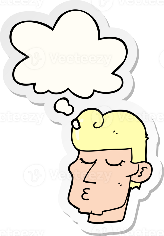 cartoon handsome man with thought bubble as a printed sticker png