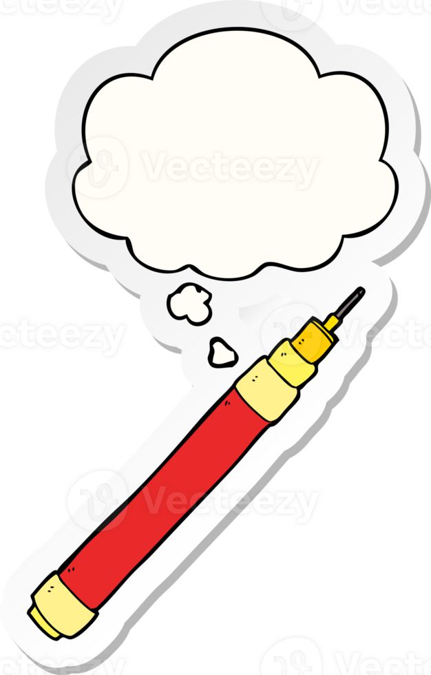 cartoon pen with thought bubble as a printed sticker png
