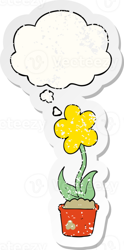 cute cartoon flower with thought bubble as a distressed worn sticker png