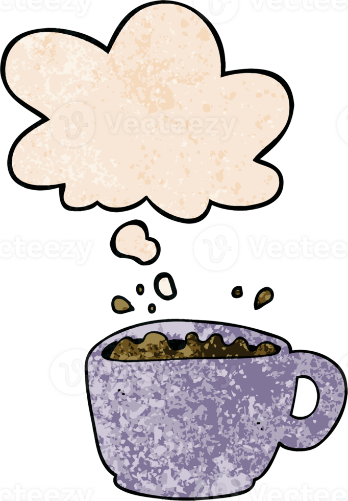 cartoon coffee cup with thought bubble in grunge texture style png