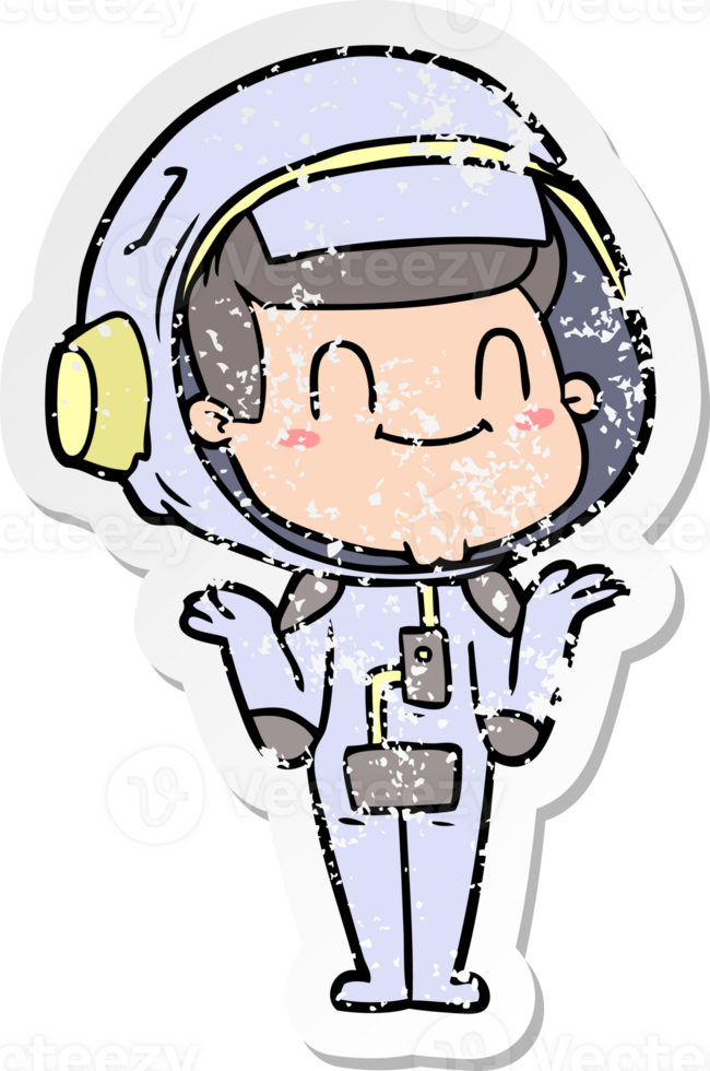 distressed sticker of a happy cartoon astronaut man png