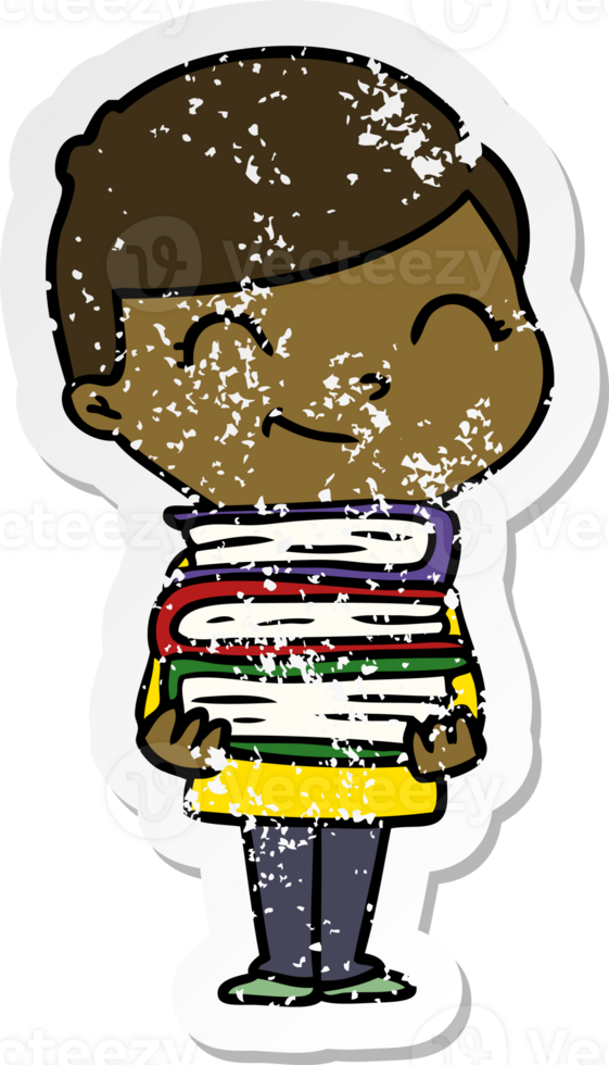 distressed sticker of a cartoon boy with books smiling png