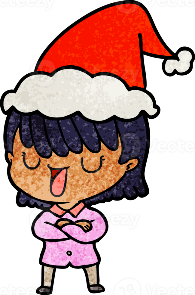 hand drawn textured cartoon of a woman wearing santa hat png