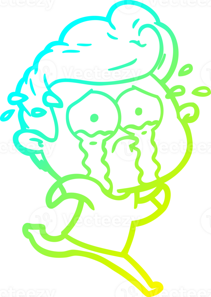 cold gradient line drawing of a cartoon crying man running png