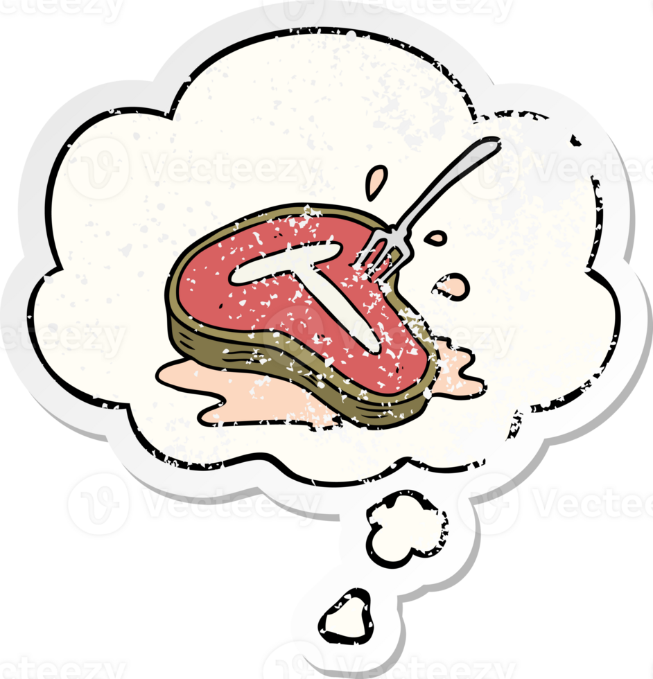 cartoon steak with thought bubble as a distressed worn sticker png
