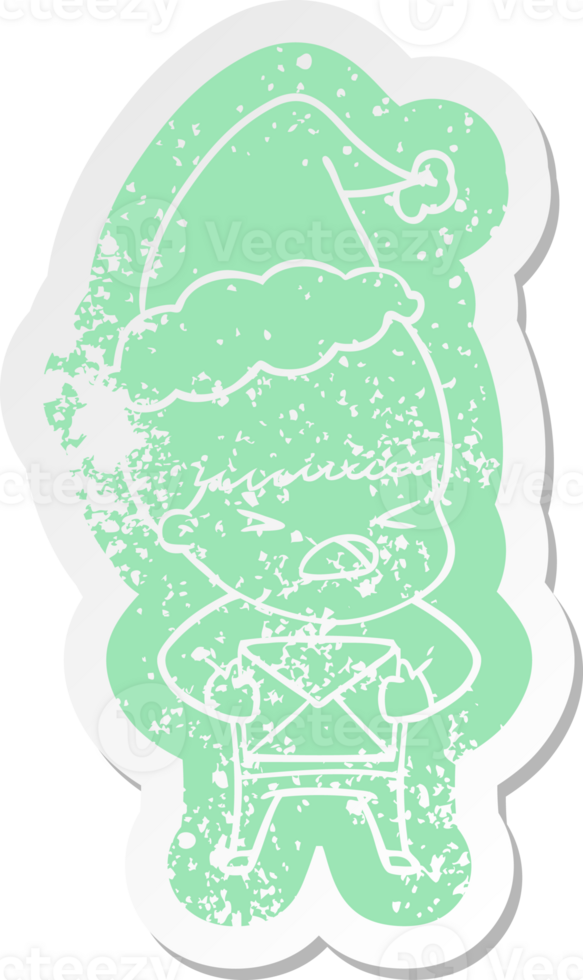 quirky cartoon distressed sticker of a stressed man wearing santa hat png