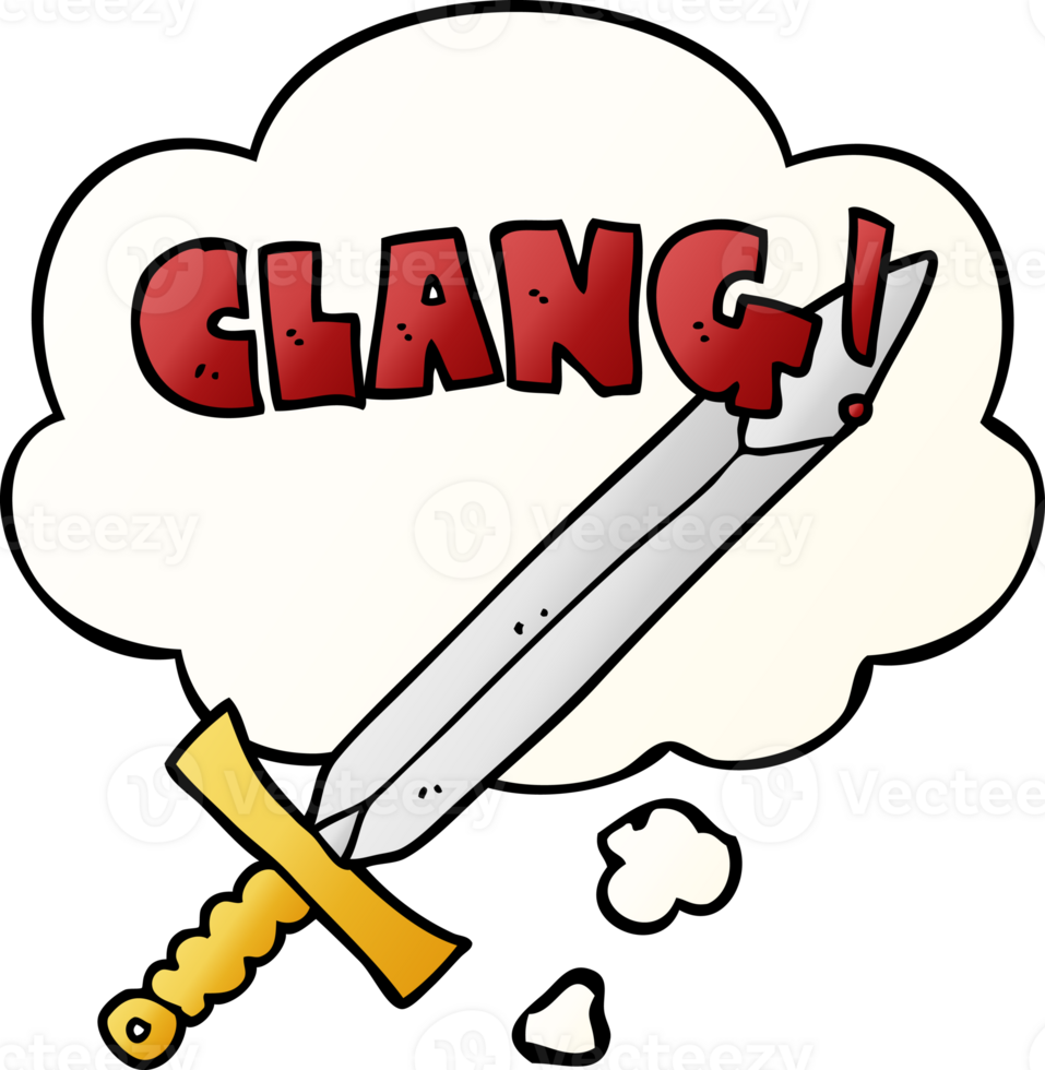 cartoon clanging sword with thought bubble in smooth gradient style png