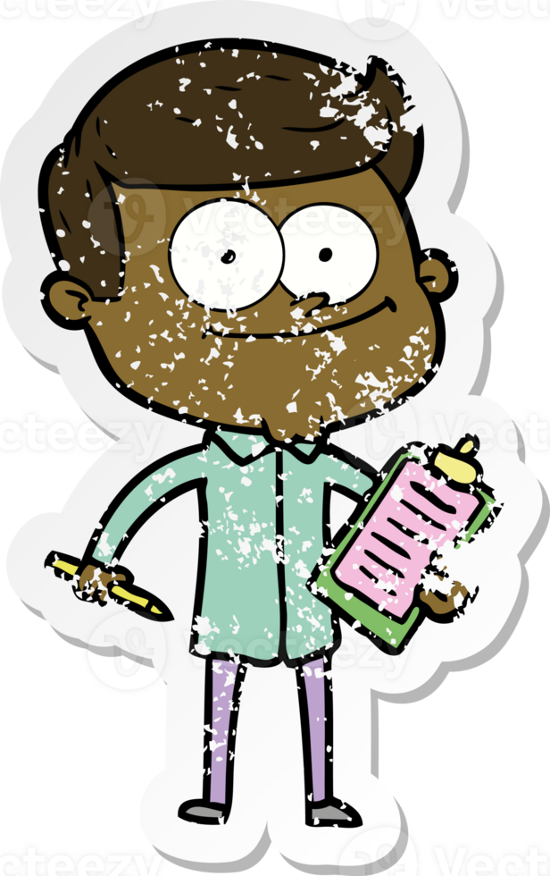 distressed sticker of a cartoon happy salesman png
