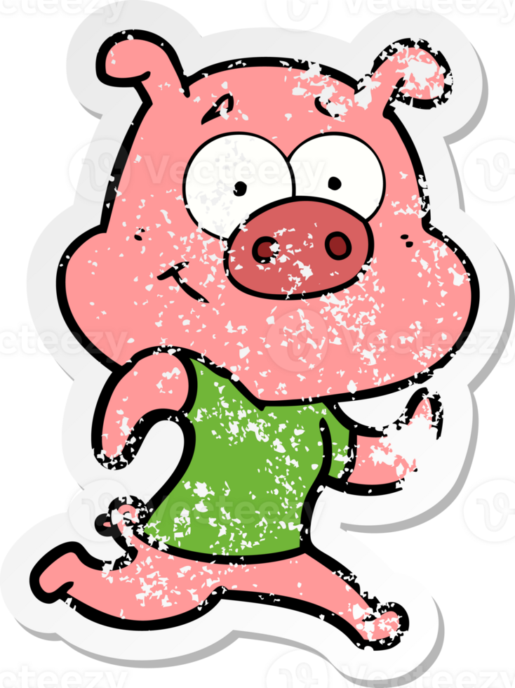 distressed sticker of a happy cartoon pig running png
