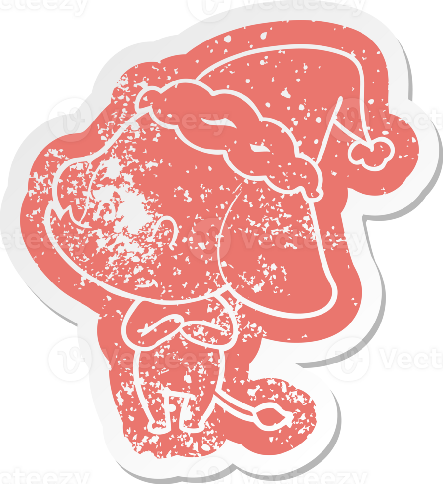 cute quirky cartoon distressed sticker of an elephant wearing santa hat png