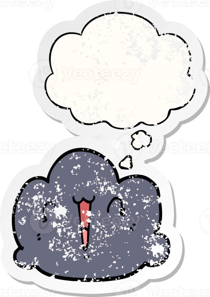 happy cloud cartoon with thought bubble as a distressed worn sticker png