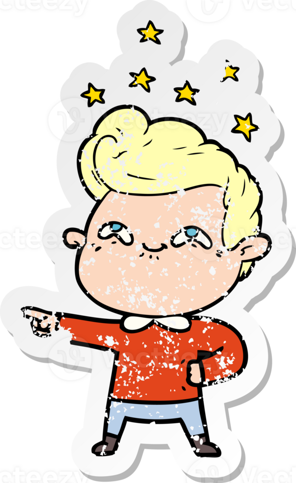 distressed sticker of a cartoon excited man png
