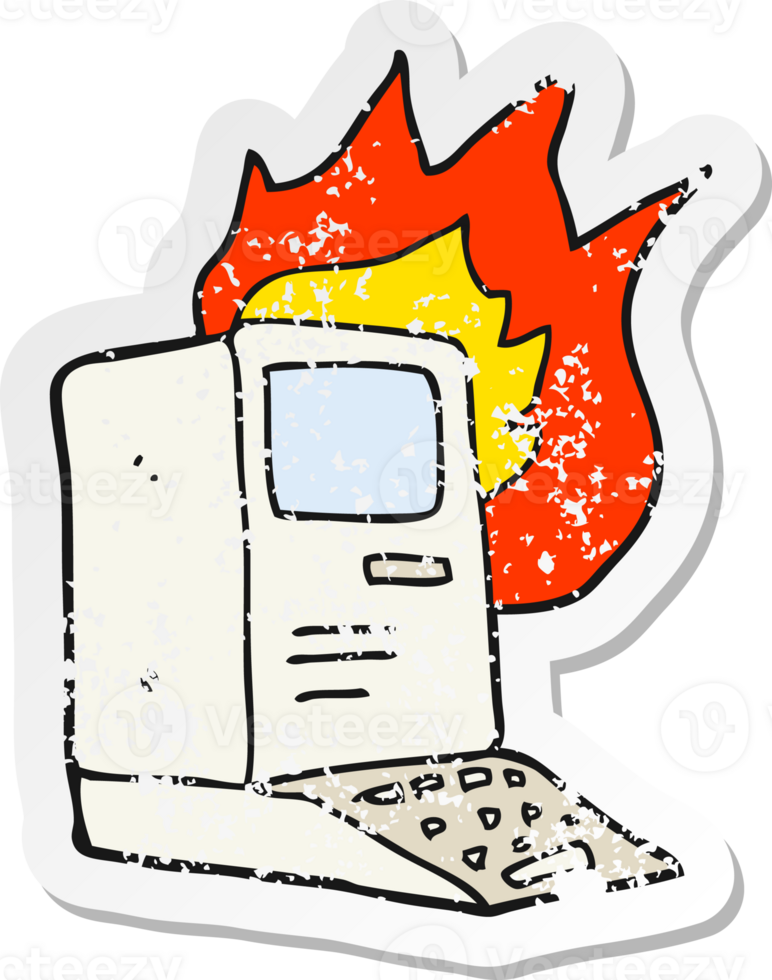 retro distressed sticker of a cartoon old computer on fire png