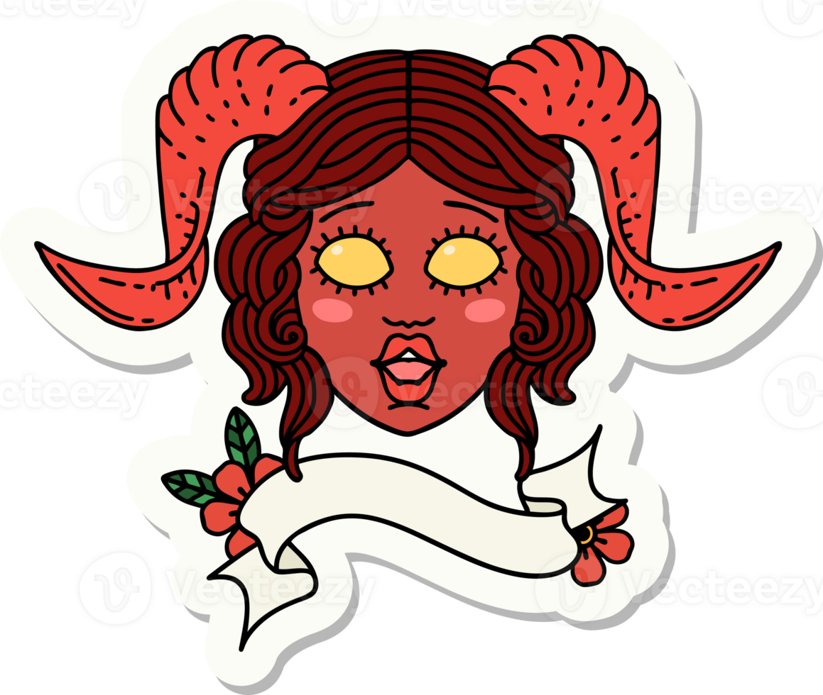 sticker of a tiefling character face with scroll banner png