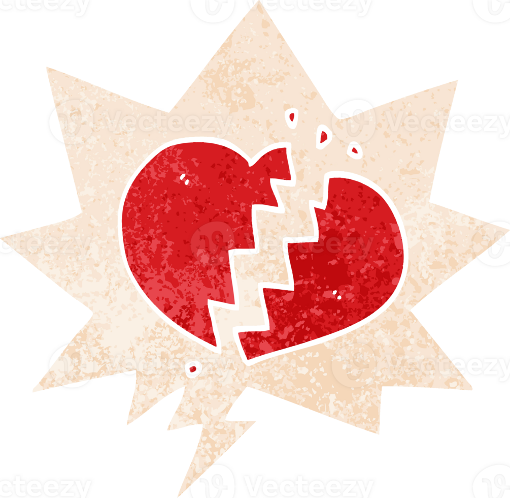 cartoon broken heart with speech bubble in grunge distressed retro textured style png