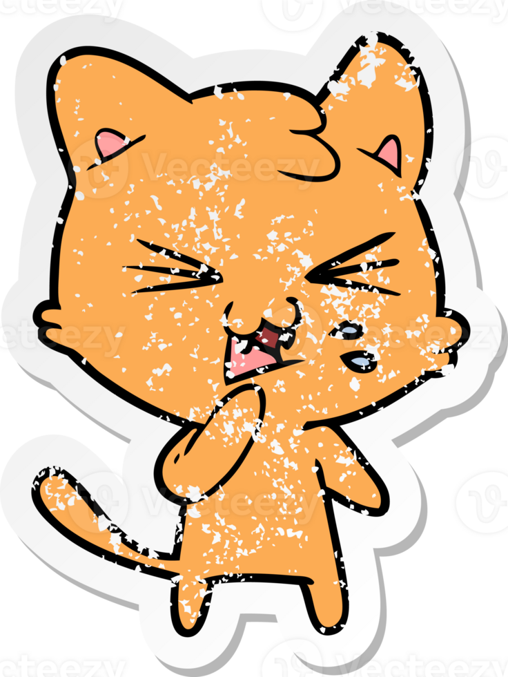 distressed sticker of a cartoon hissing cat png