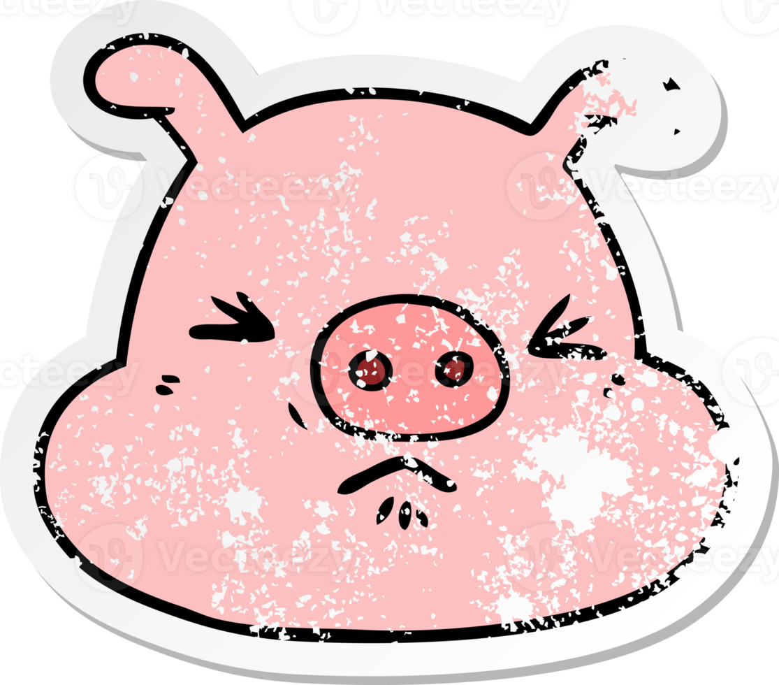 distressed sticker of a cartoon angry pig face png