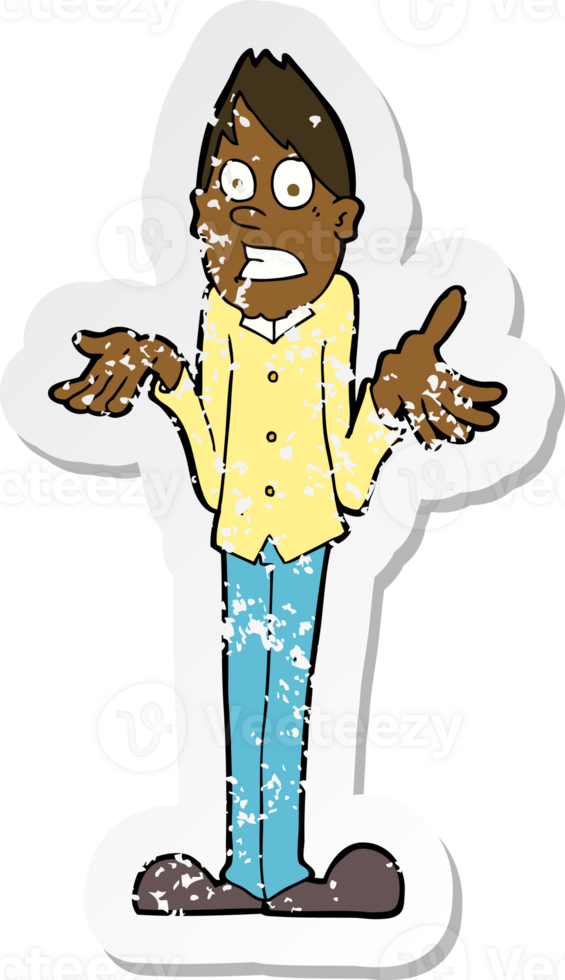 retro distressed sticker of a cartoon man shrugging shoulders png