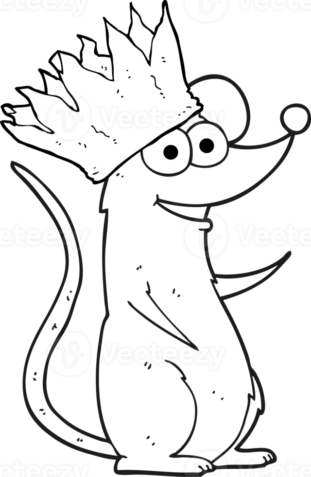 hand drawn black and white cartoon mouse wearing crown png