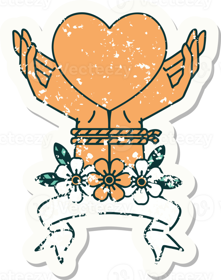 worn old sticker with banner of tied hands and a heart png