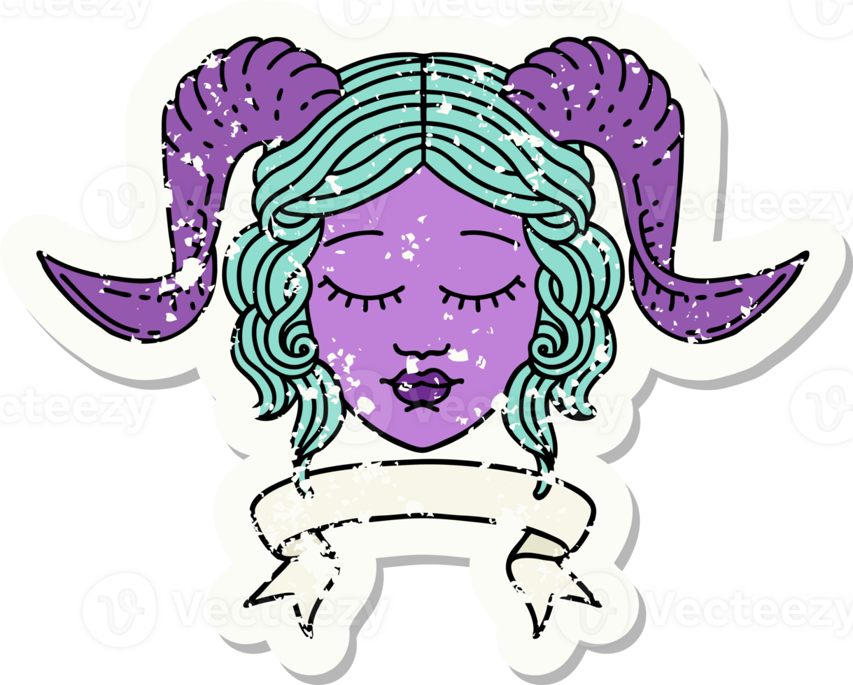 Retro Tattoo Style tiefling character face with scroll banner png
