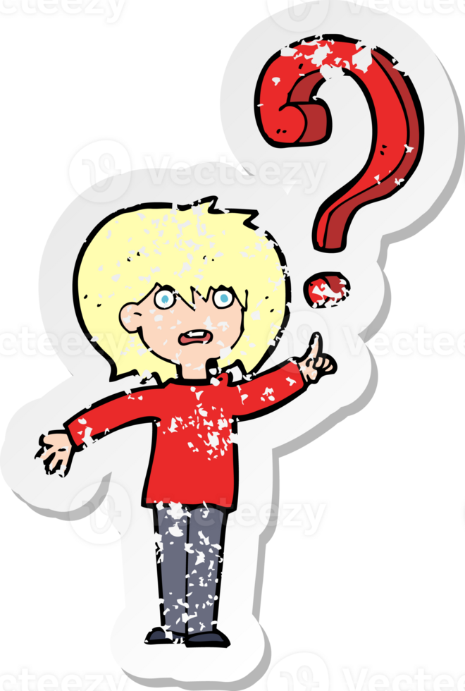 retro distressed sticker of a cartoon confused woman png