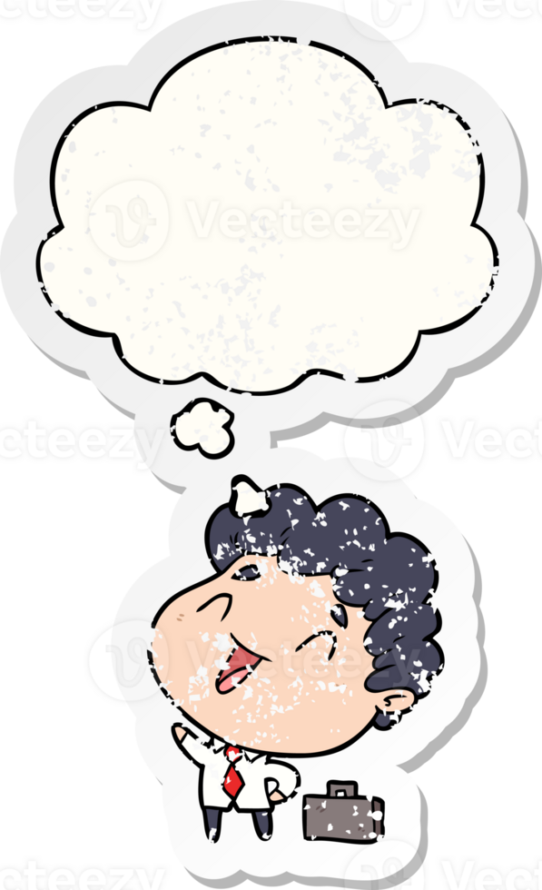 cartoon businessman with thought bubble as a distressed worn sticker png