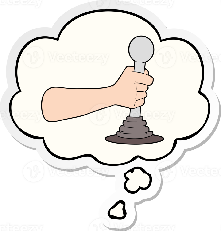 cartoon hand pulling lever with thought bubble as a printed sticker png