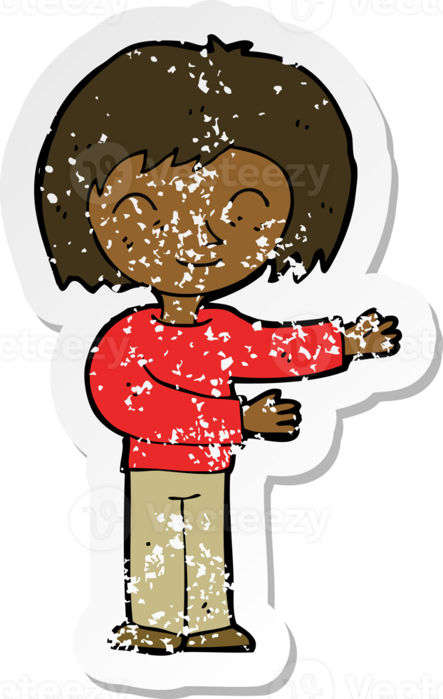 retro distressed sticker of a cartoon woman gestureing welcome png